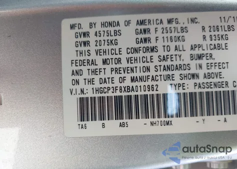 2011 Honda Accord Exl from USA, damaged, VIN 1HGCP3F8XBA010962